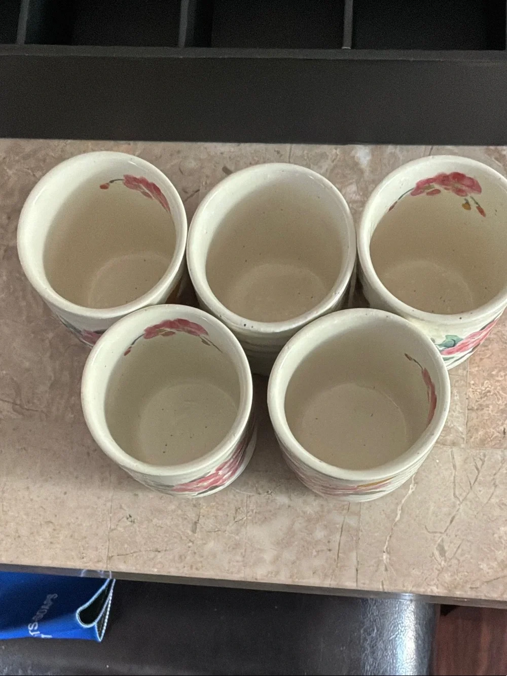 Japanese Hand-Painted Floral Ceramic Tea Cup Set - Pink & Green (Set of 5)